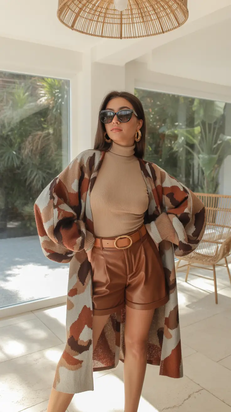 winter to spring outfits 2026 Leather Shorts With a Statement Cardigan