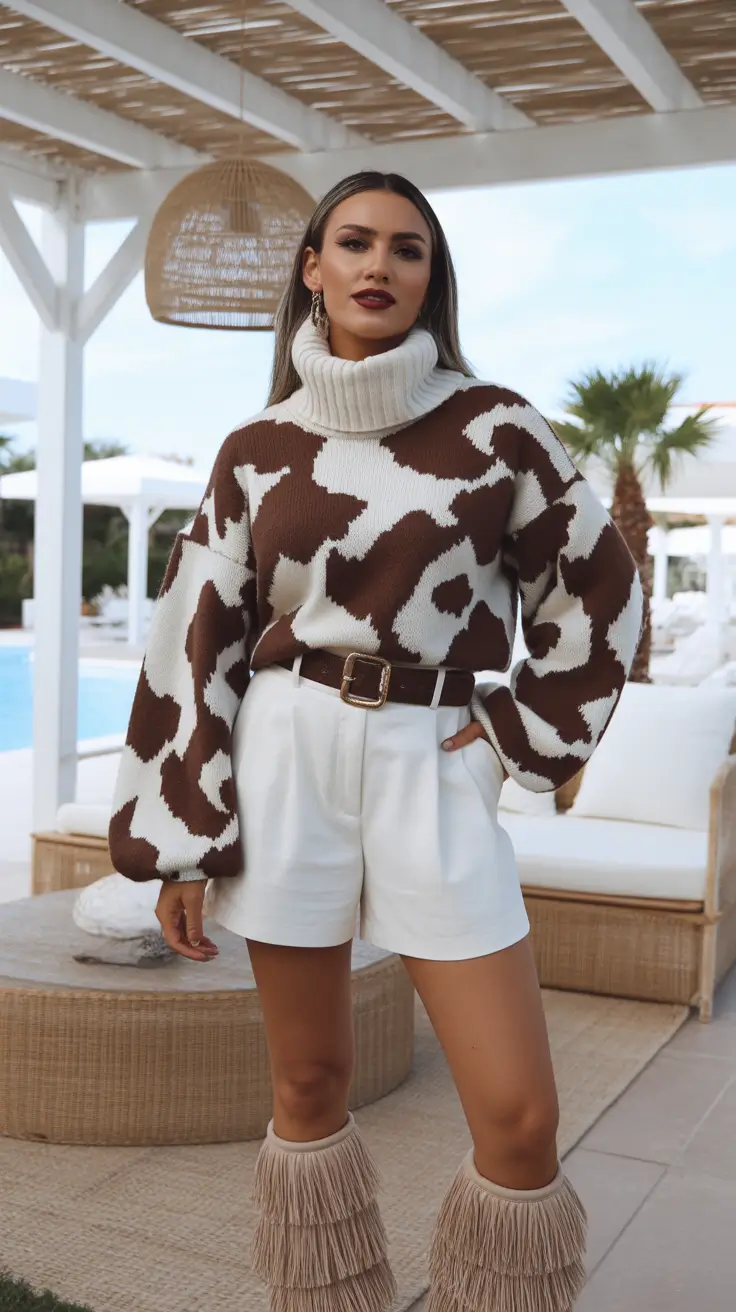 winter to spring outfits 2026 Cow Print Knit With Crisp White Shorts