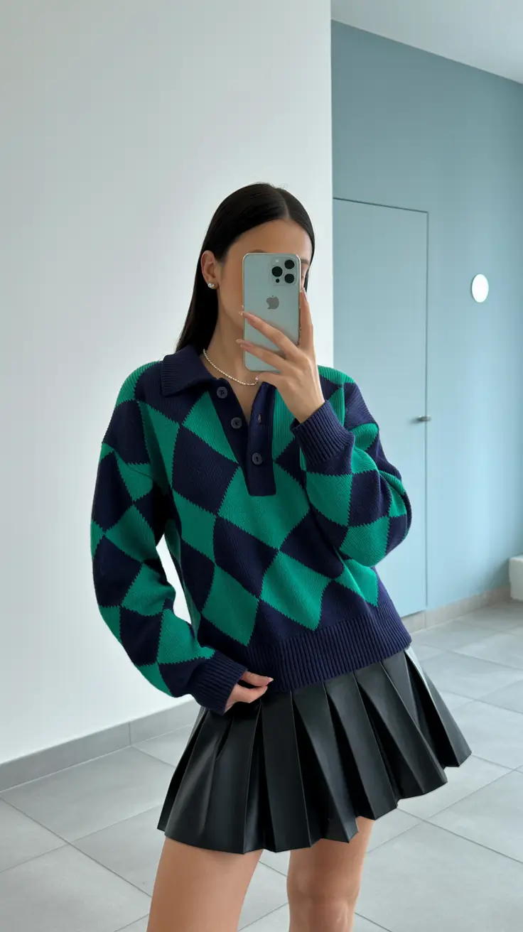 winter to spring outfits 2026 Argyle Polo Knit With a Pleated Leather Skirt