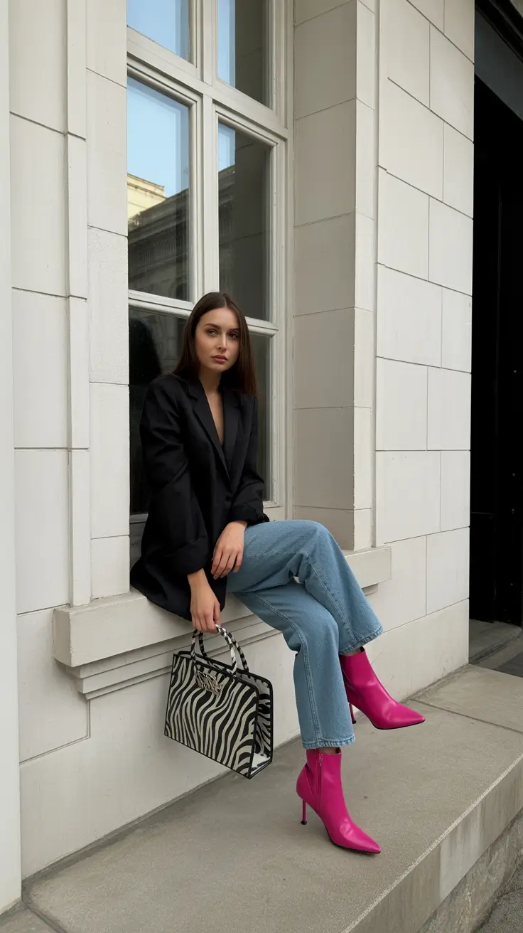 winter to spring outfits 2026 Sharp Black Blazer with Denim