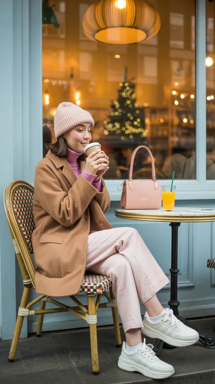 winter to spring outfits 2026 Cafe Pastels With a Cozy Beanie