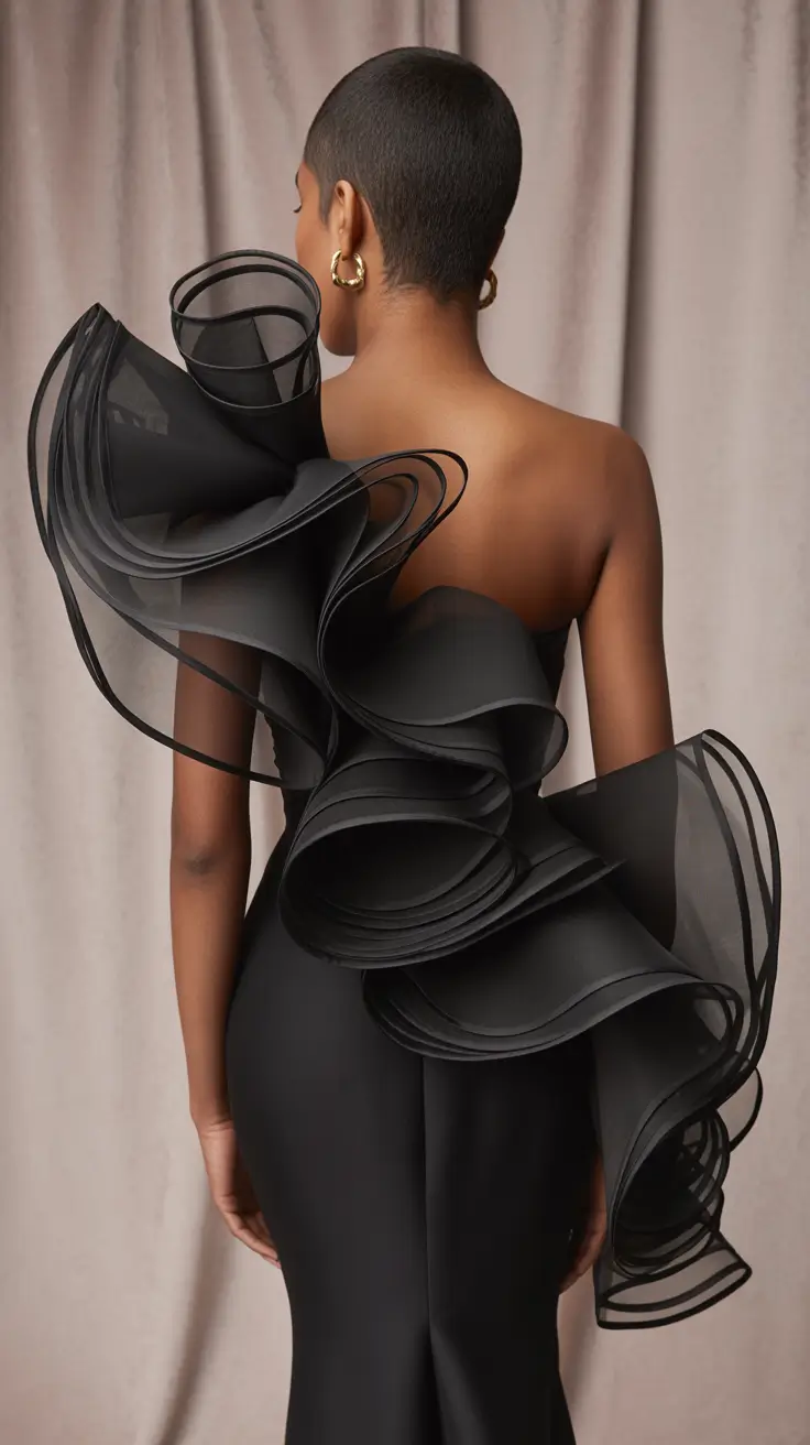 spring fashion outfits 2026 Black Sculptural Drama With Artsy Runway Impact