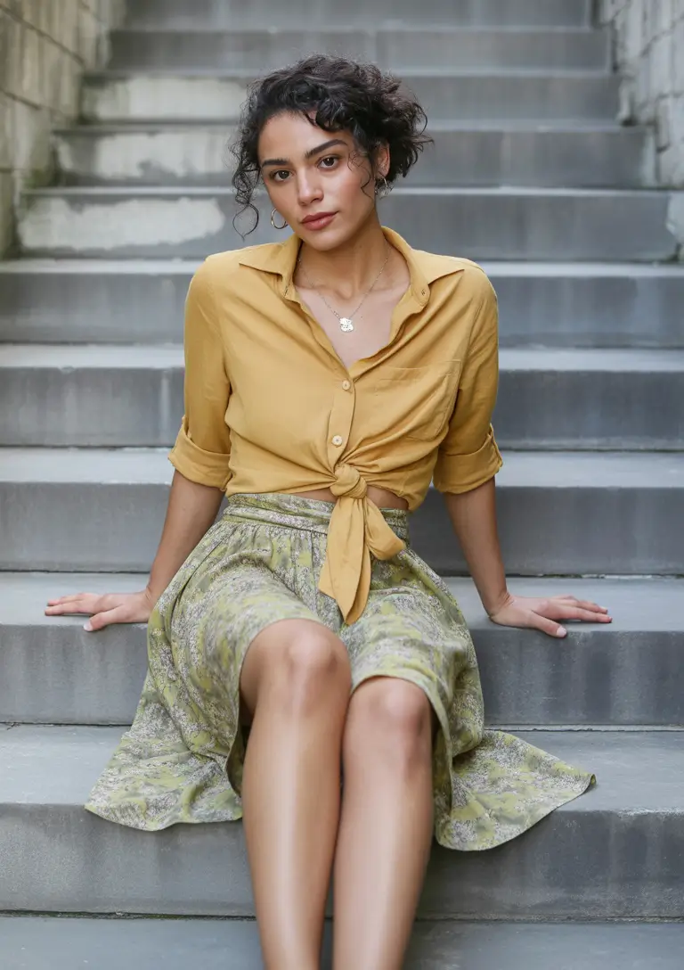 spring fits outfits 2026 Knotted Shirt and Soft Skirt Romance