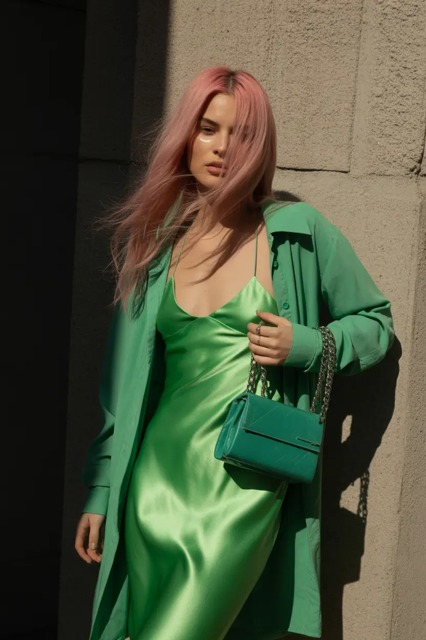 spring fits outfits 2026 Green Satin Slip With a Layered Glow
