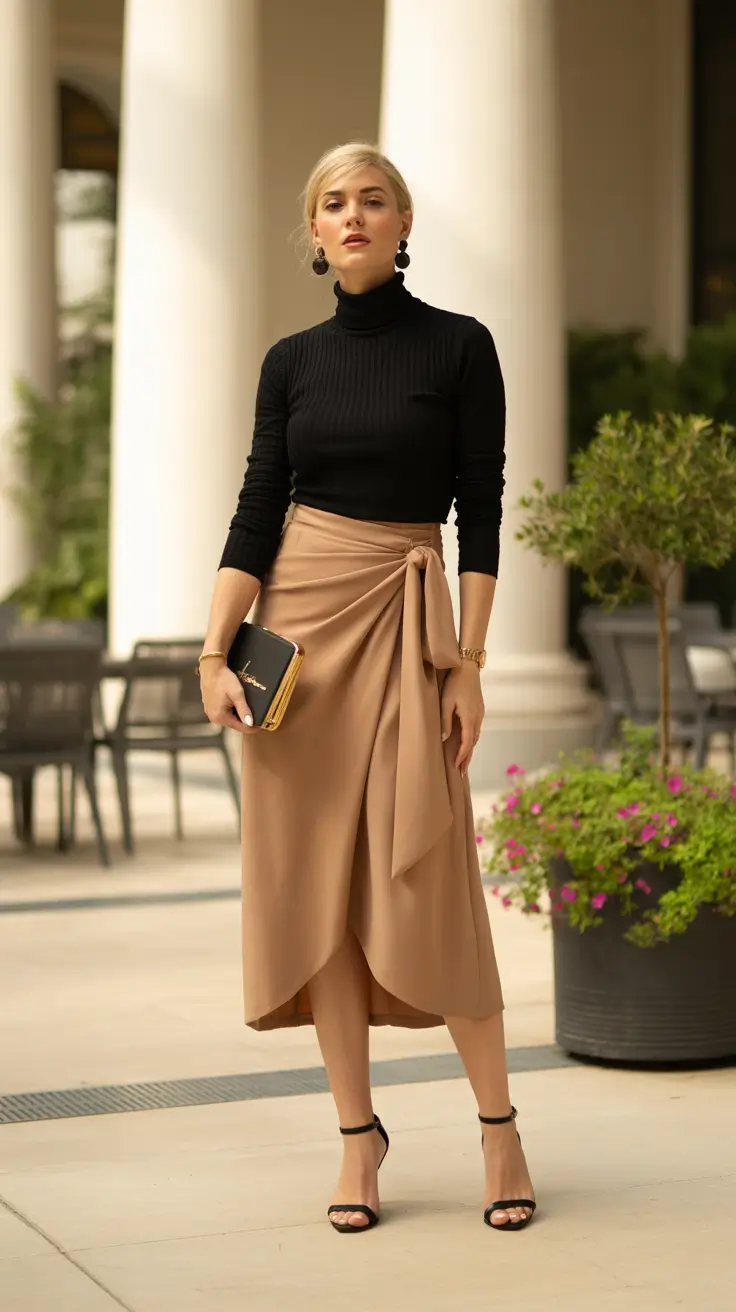 spring fits outfits 2026 Black Knit and Wrap Skirt Elegance