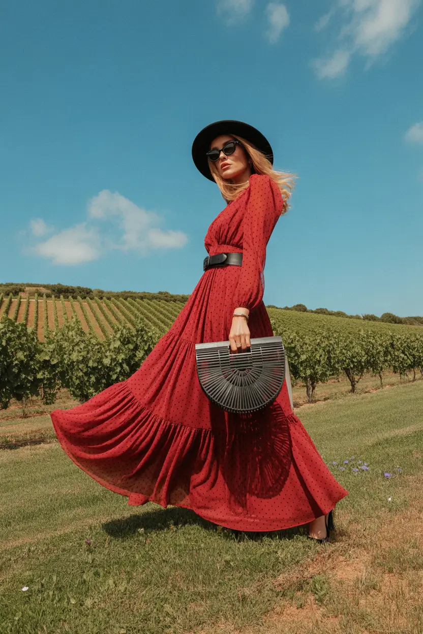 winery outfit spring 2026 Red Maxi Dress for Bold Vineyard Energy