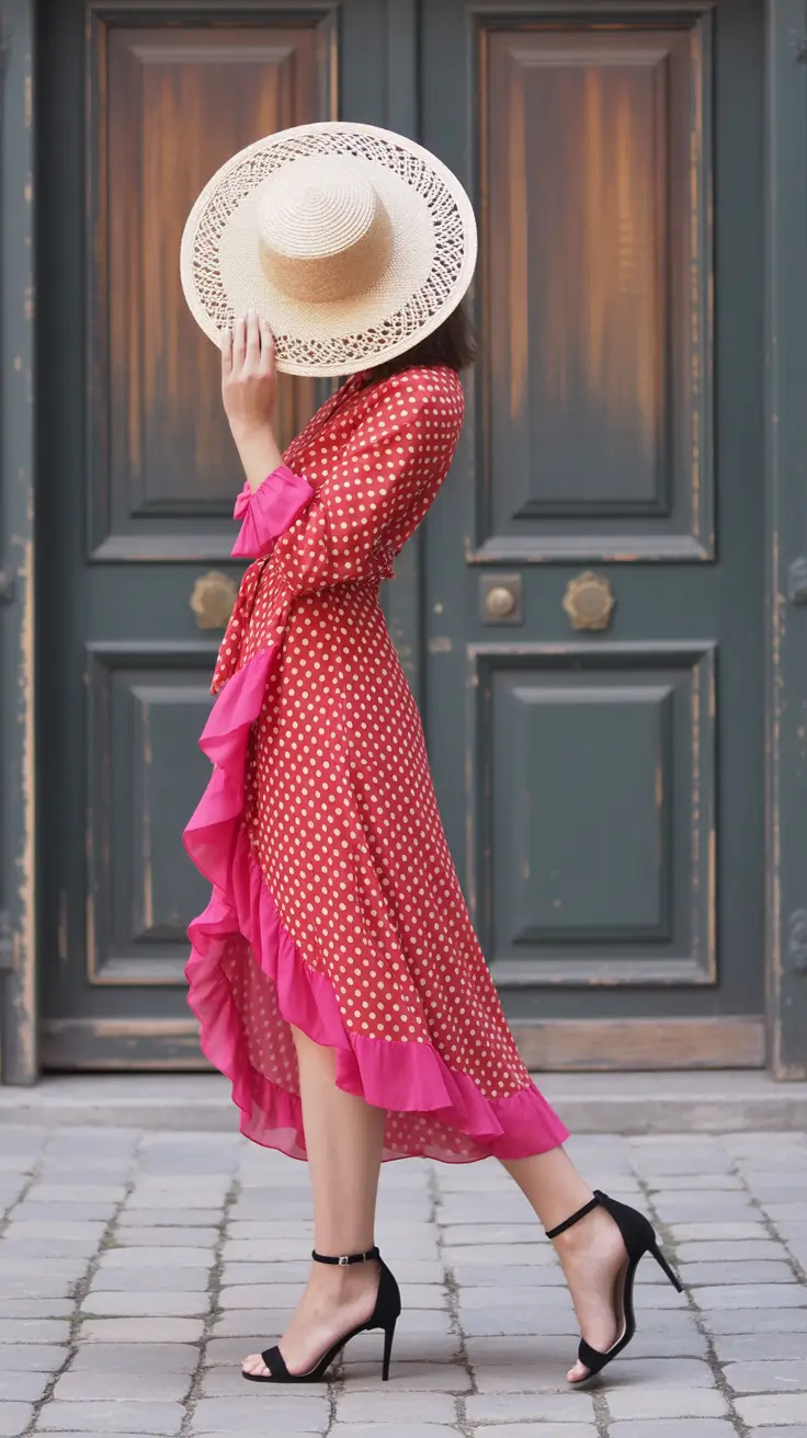 winery outfit spring 2026 Polka Dot Wrap Dress with a Pop of Pink