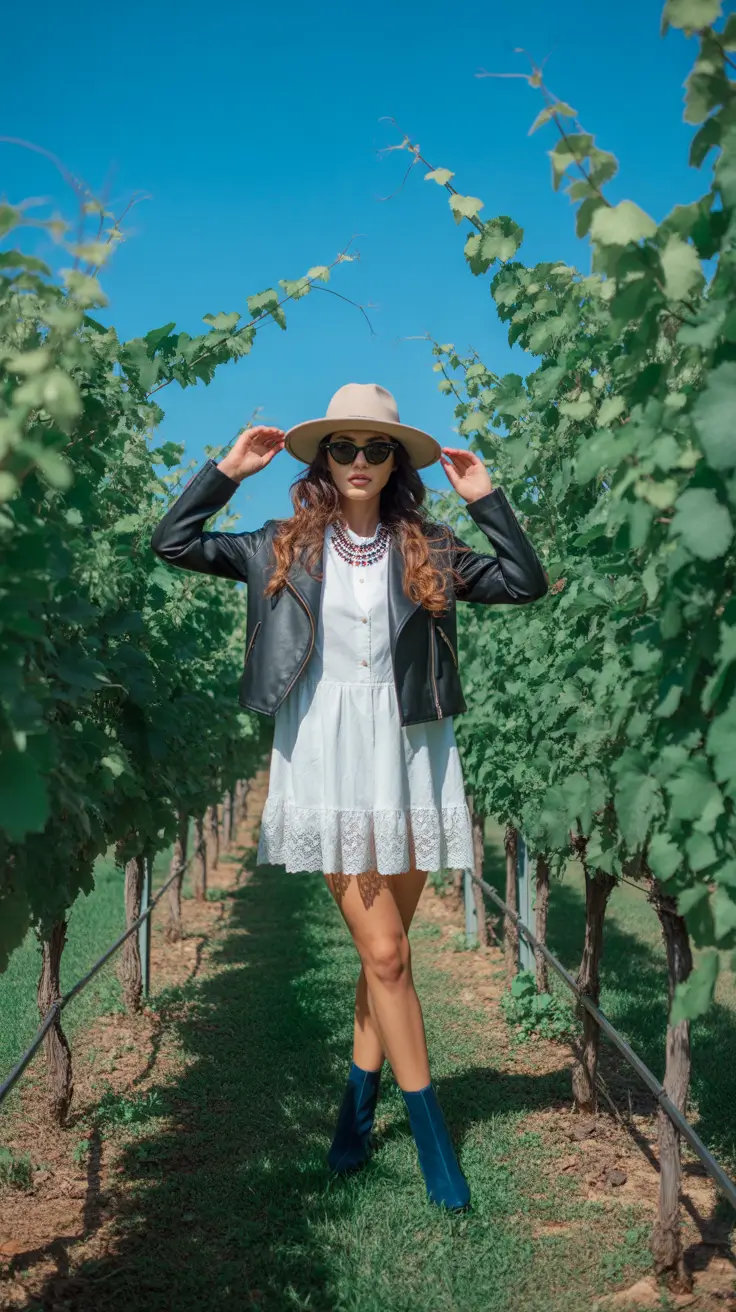 winery outfit spring 2026 Leather Layers Over a Crisp White Mini Dress