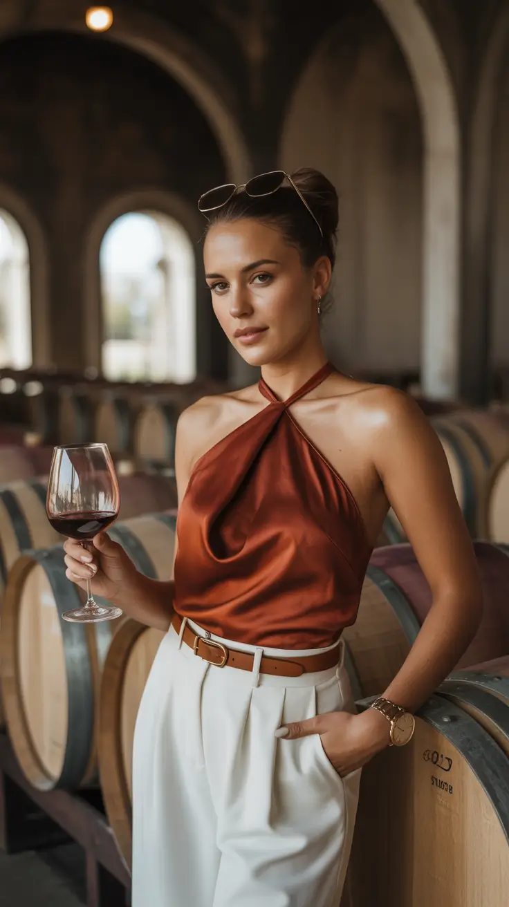 winery outfit spring 2026 Satin Top and Tailored Pants Balance