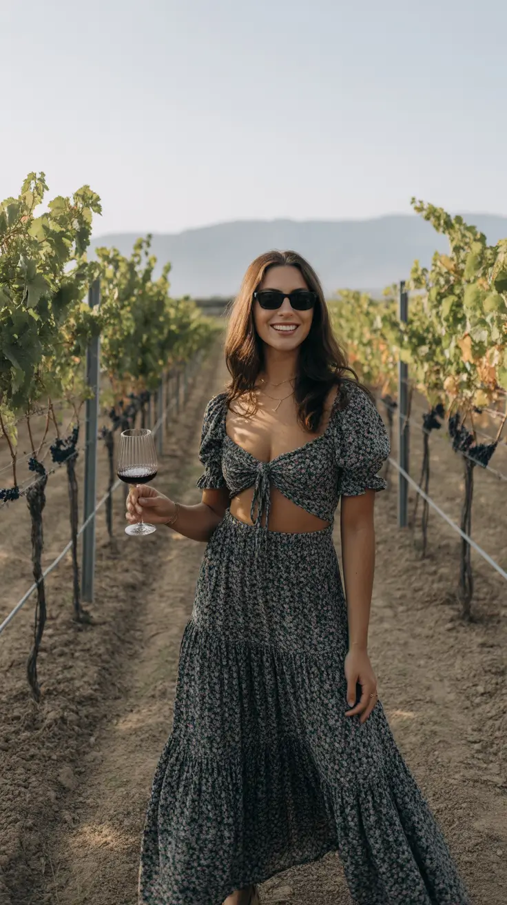 winery outfit spring 2026 Flirty Floral Cutout Dress for Golden Hour Tastings