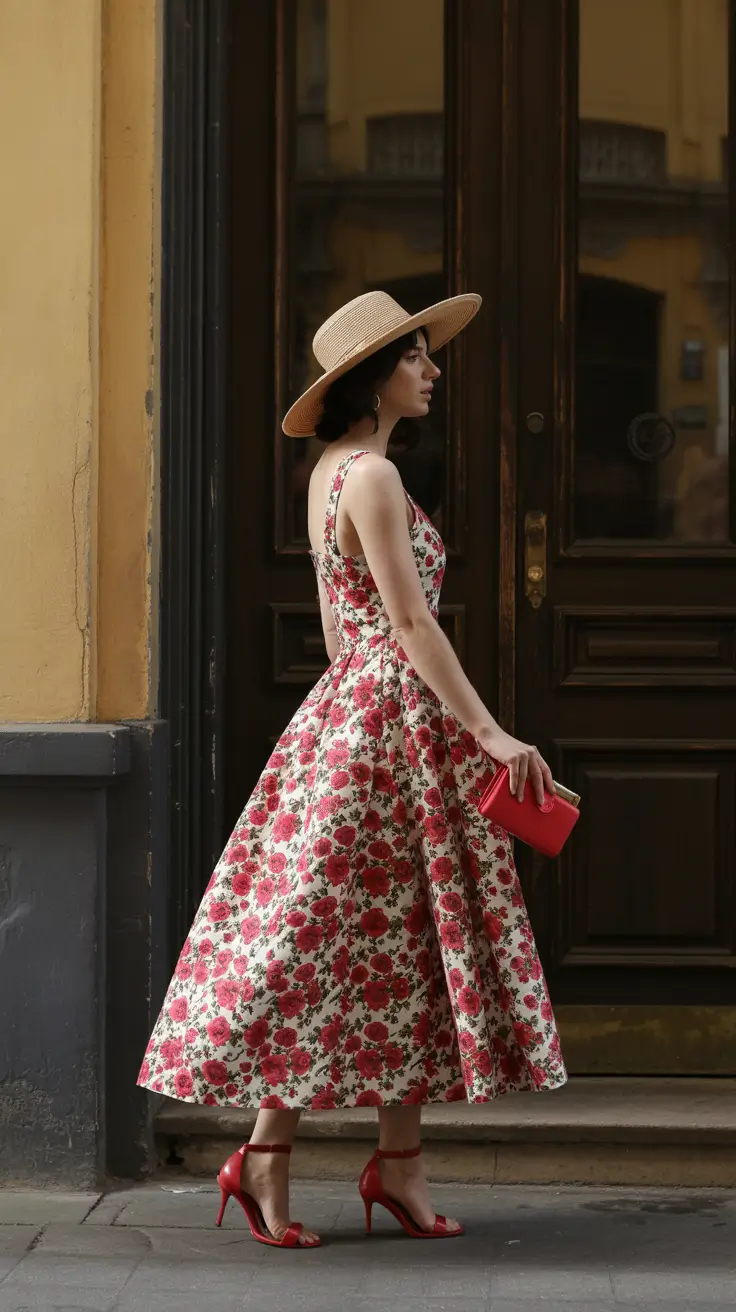 winery outfit spring 2026 Italian-Inspired Rose Print with Bold Accessories