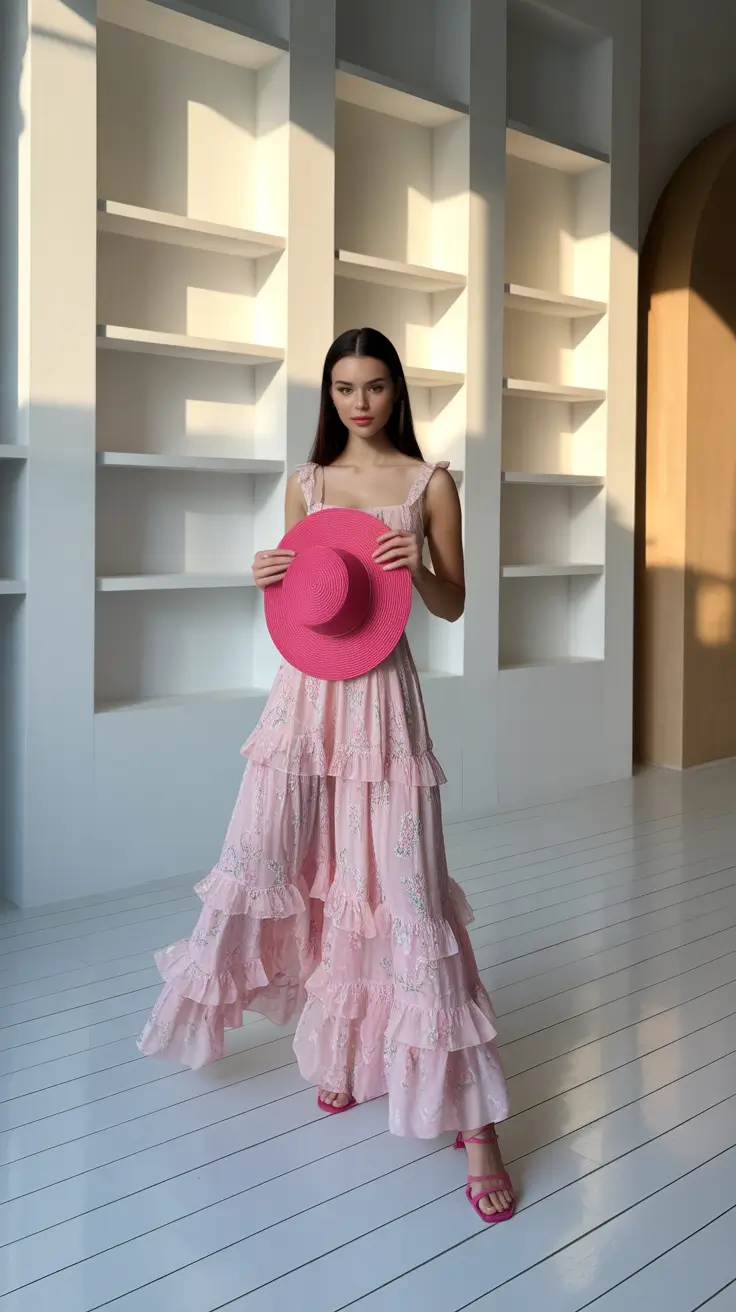 winery outfit spring 2026 Pink Ruffle Maxi for Soft Glam Moments