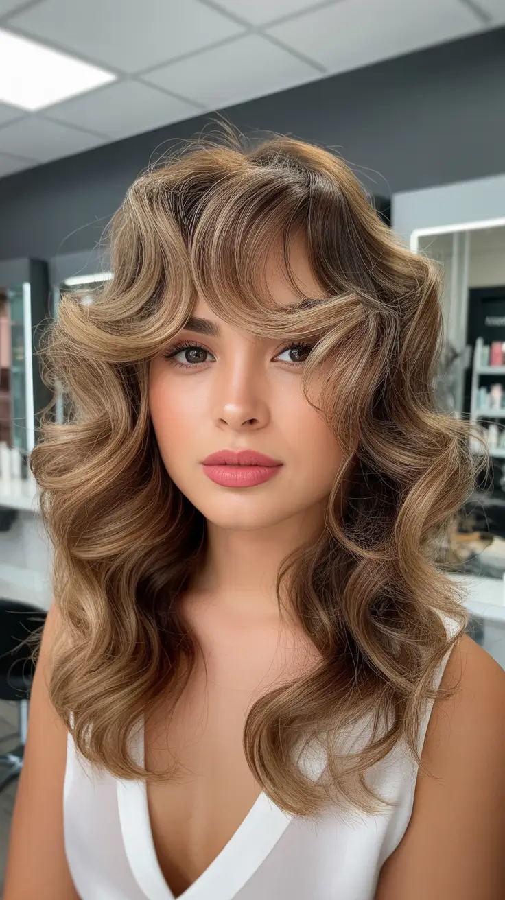 Haircut Ideas 2026 Glam Wavy Blowout With Wispy Bangs