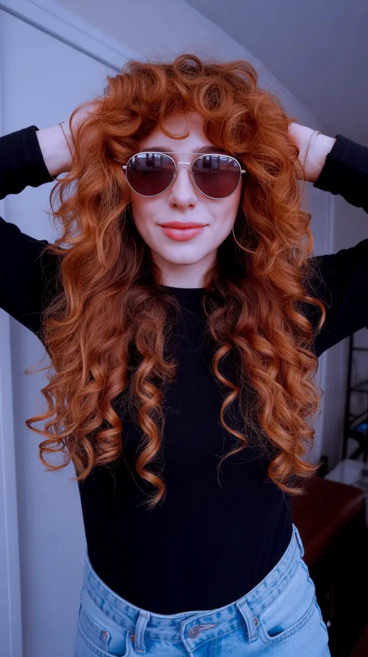 Haircut Ideas 2026 Long Copper Curls With Retro Fringe