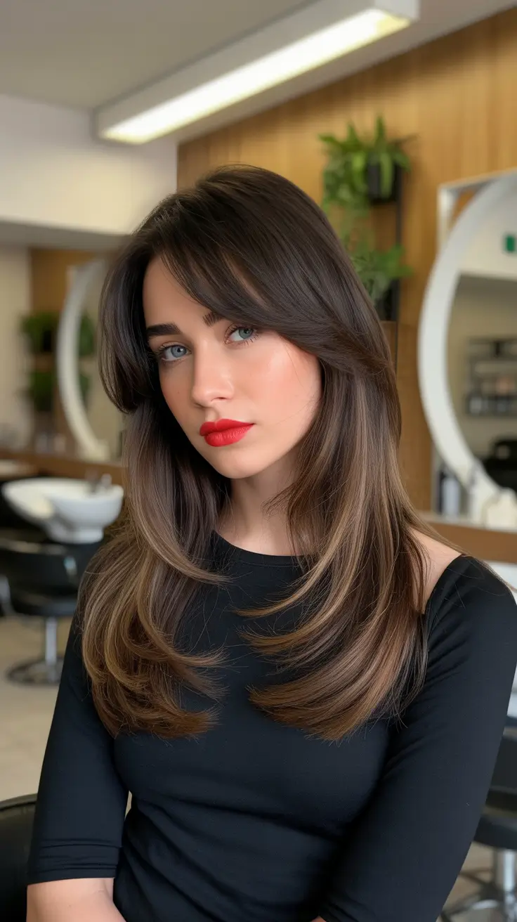 Haircut Ideas 2026 Smoky Brunette Layers With Curtain Bangs