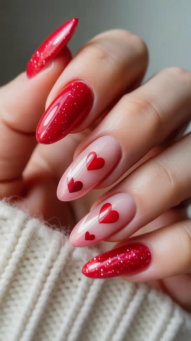 February Nails Designs 2026 Glitter Red Almond Nails With Pink Heart Accent Nails