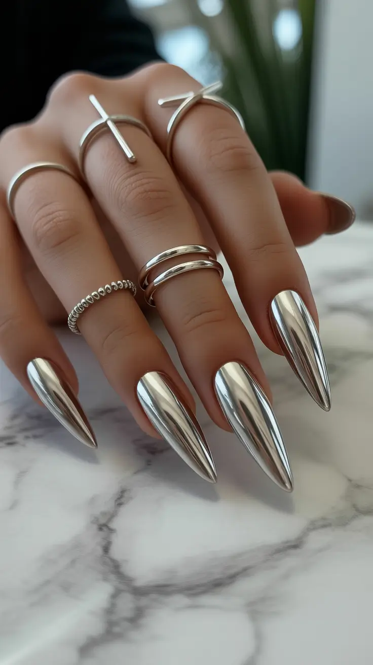February Nails Designs 2026 Mirror Silver Stiletto Nails For Winter Glam