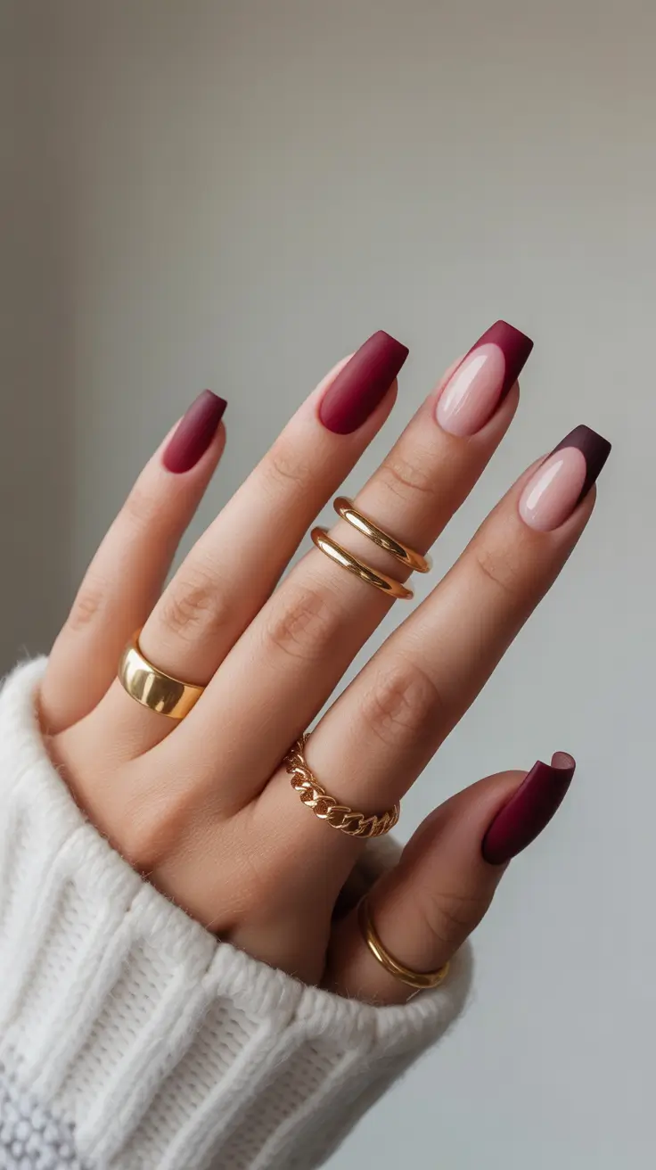 February Nails Designs 2026 Matte Burgundy French Tips With A Nude Base