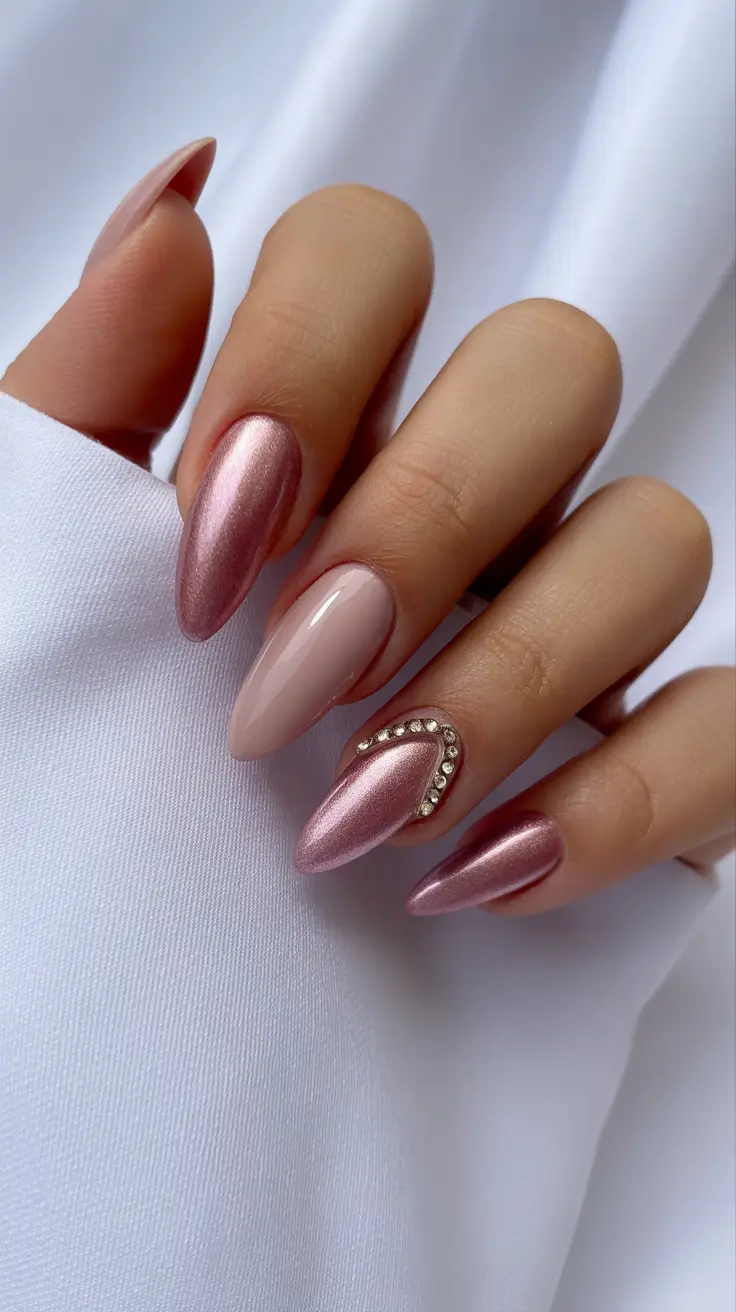 February Nails Designs 2026 Metallic Rose Chrome Almond Nails With Rhinestone Accent