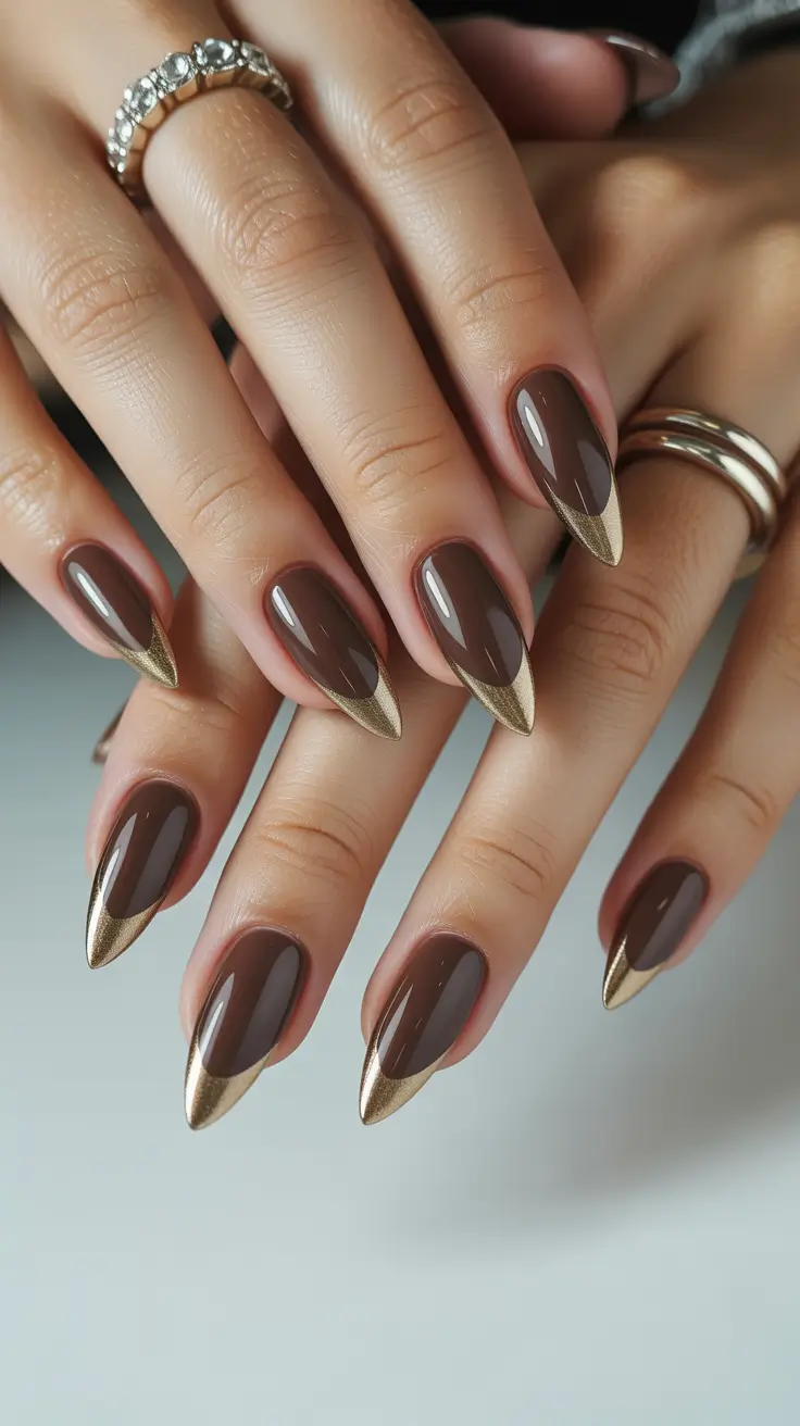 February Nails Designs 2026 Chocolate Brown Nails With Gold French Tips