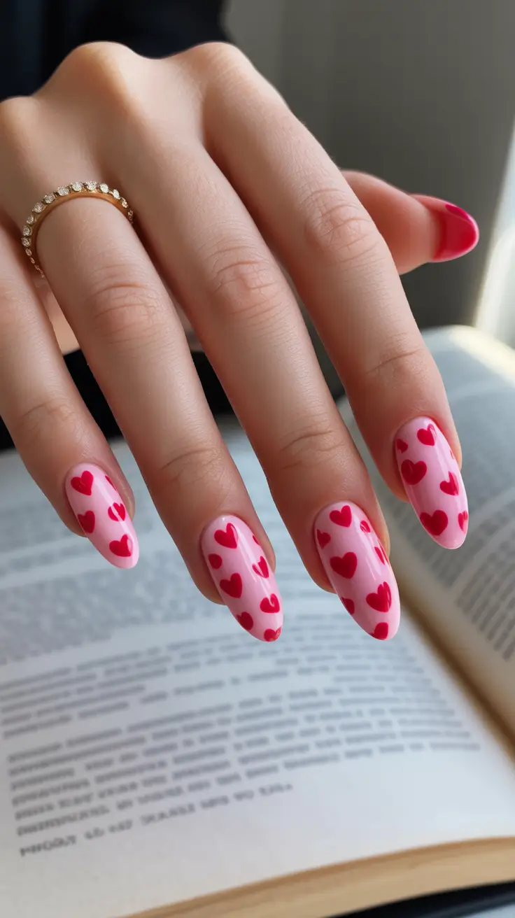 February Nails Designs 2026 Pink Hearts