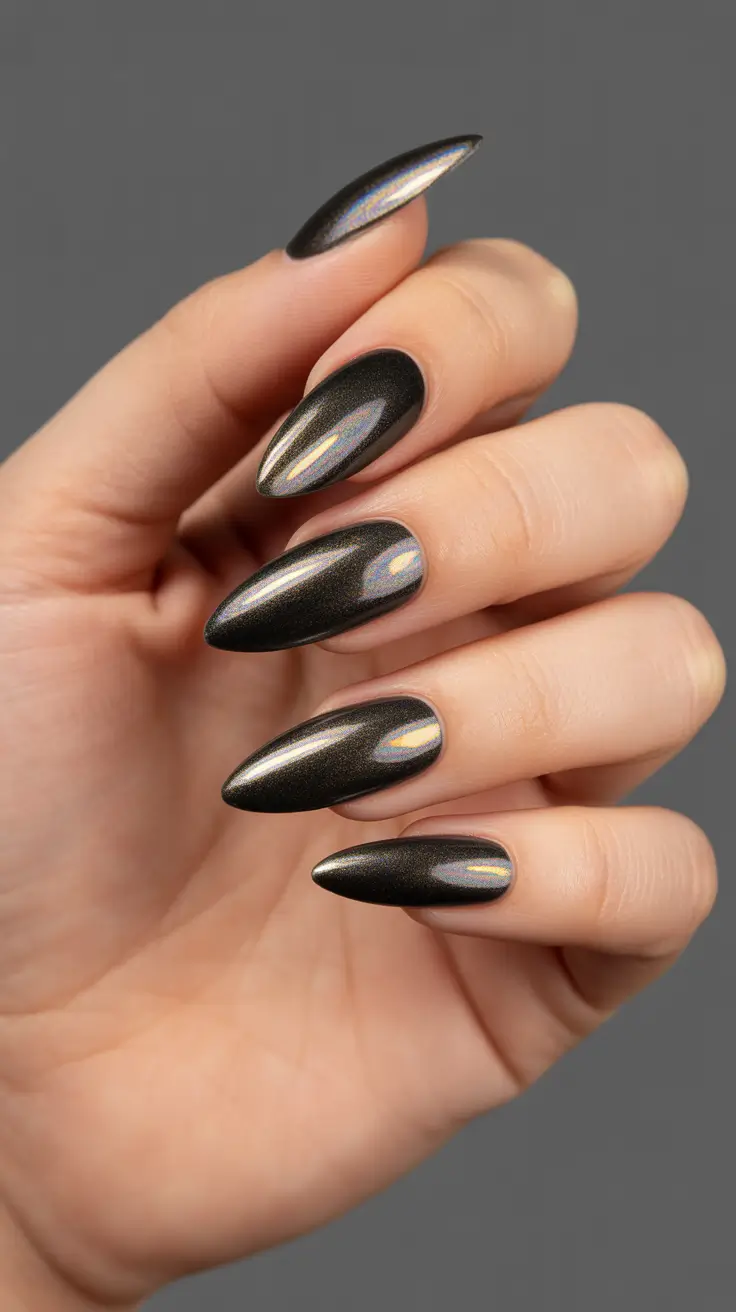February Nails Designs 2026 Black Cat Eye Nails With Subtle Chrome Shift