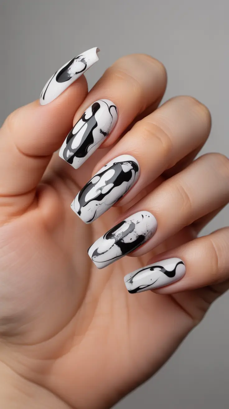 February Nails Designs 2026 Black And White Abstract Nails With Ink Effect