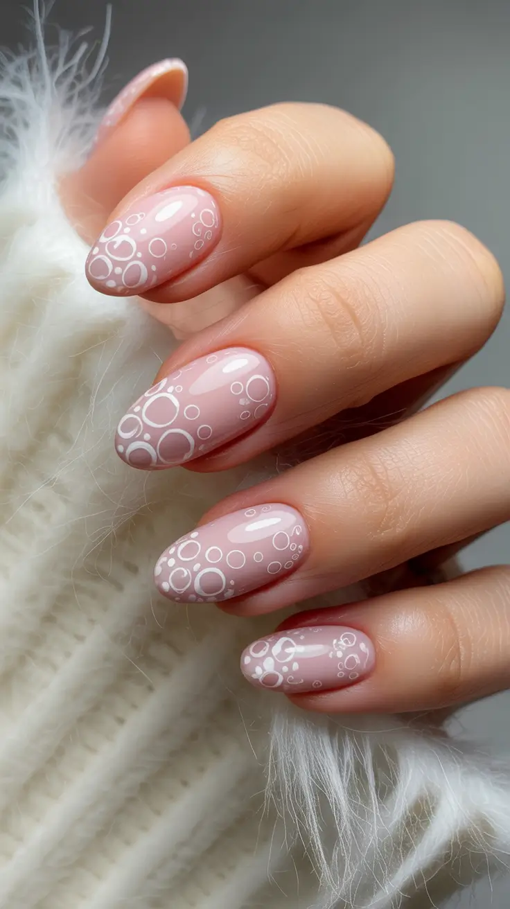 February Nails Designs 2026 Sheer Pink Nails With Bubble Lace Detailing