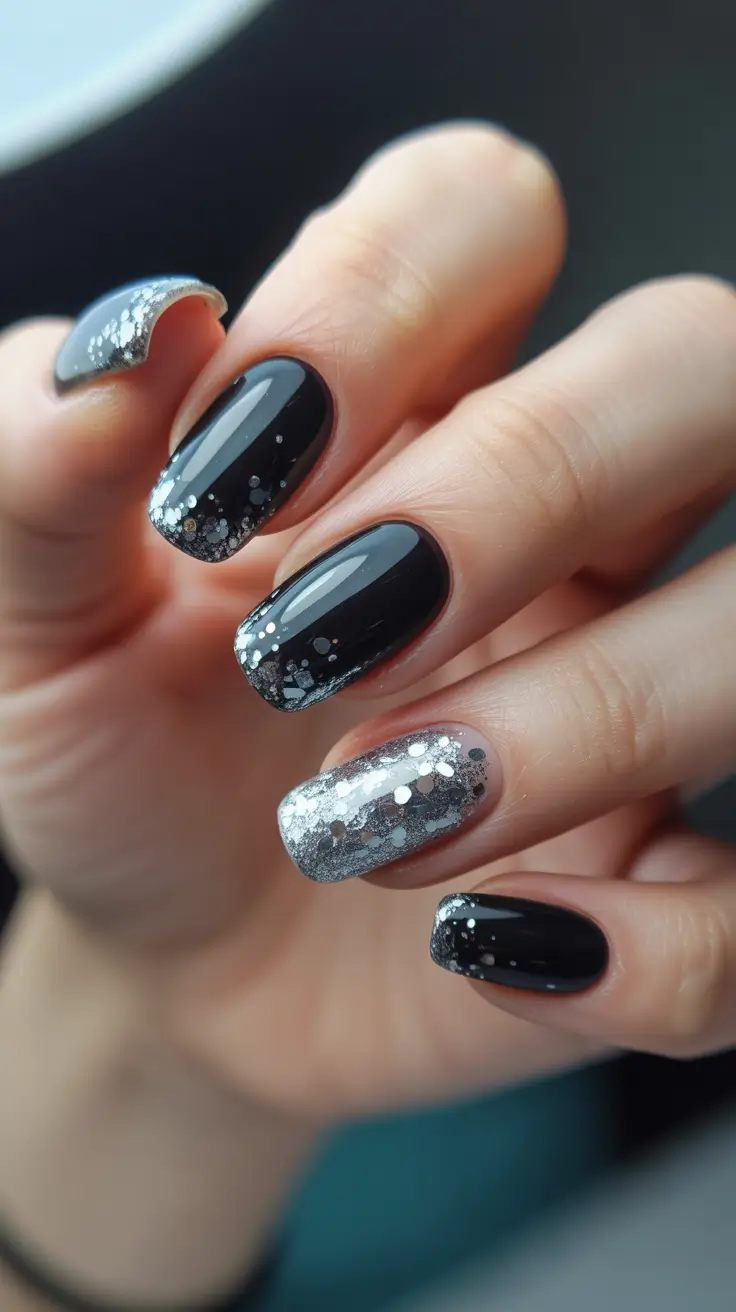 February Nails Designs 2026 Glossy Black Nails With Silver Glitter Accent