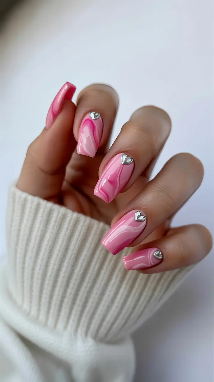 February Nails Designs 2026 Pink Marble Hearts