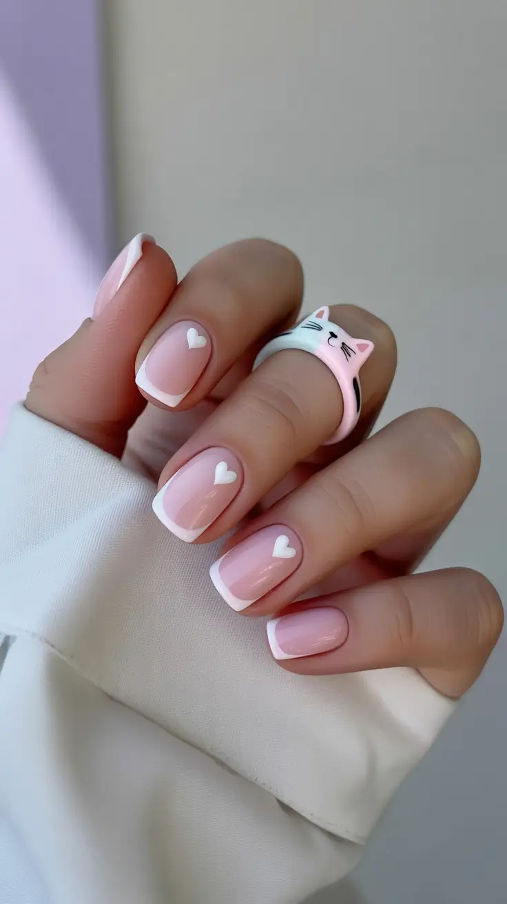 February Nails Designs 2026 Short French Hearts