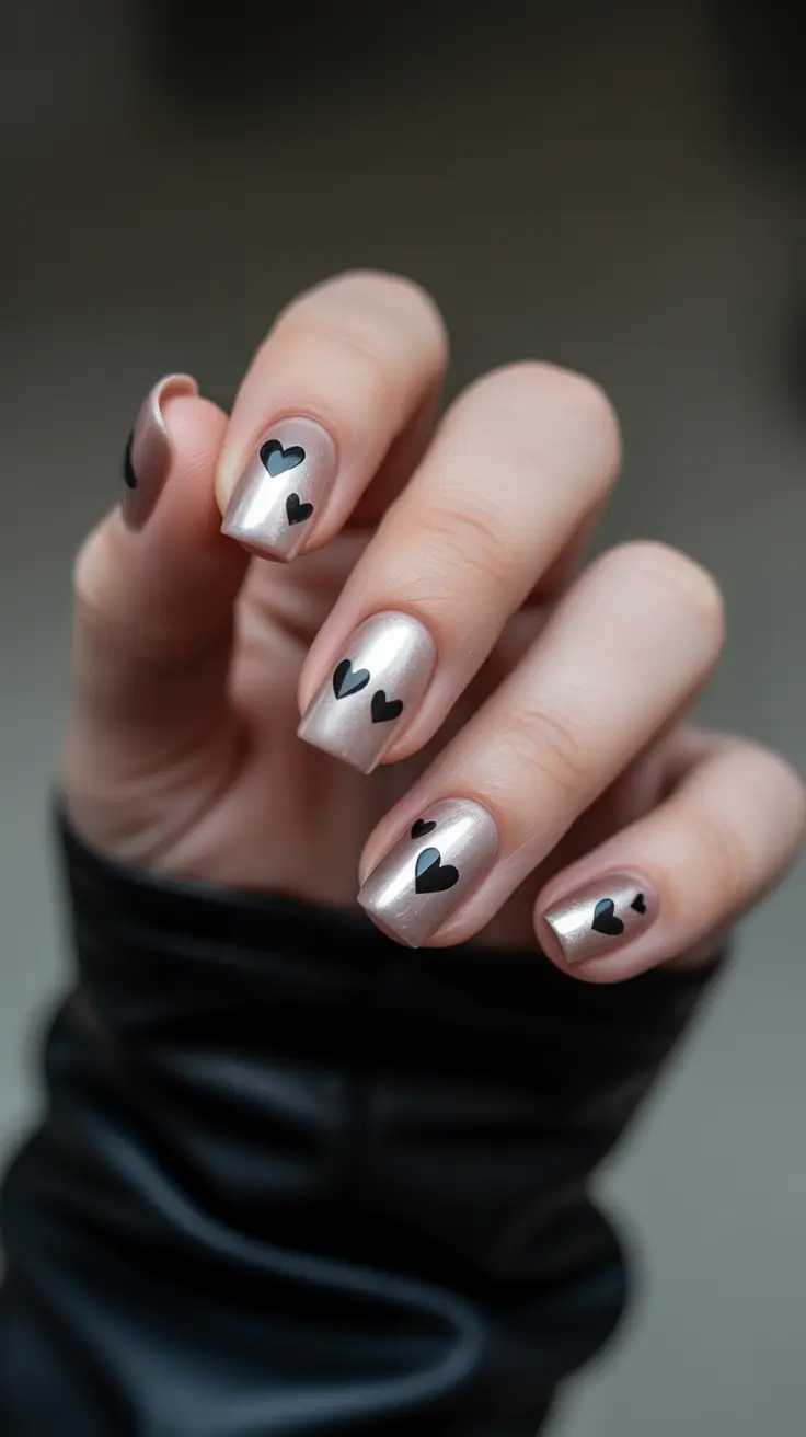 February Nails Designs 2026 Silver Chrome Short Nails With Black Hearts