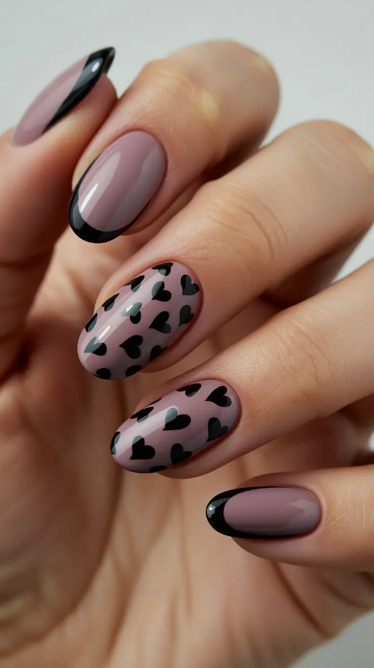 February Nails Designs 2026 Mauve Almond Nails With Black French Tips And Hearts