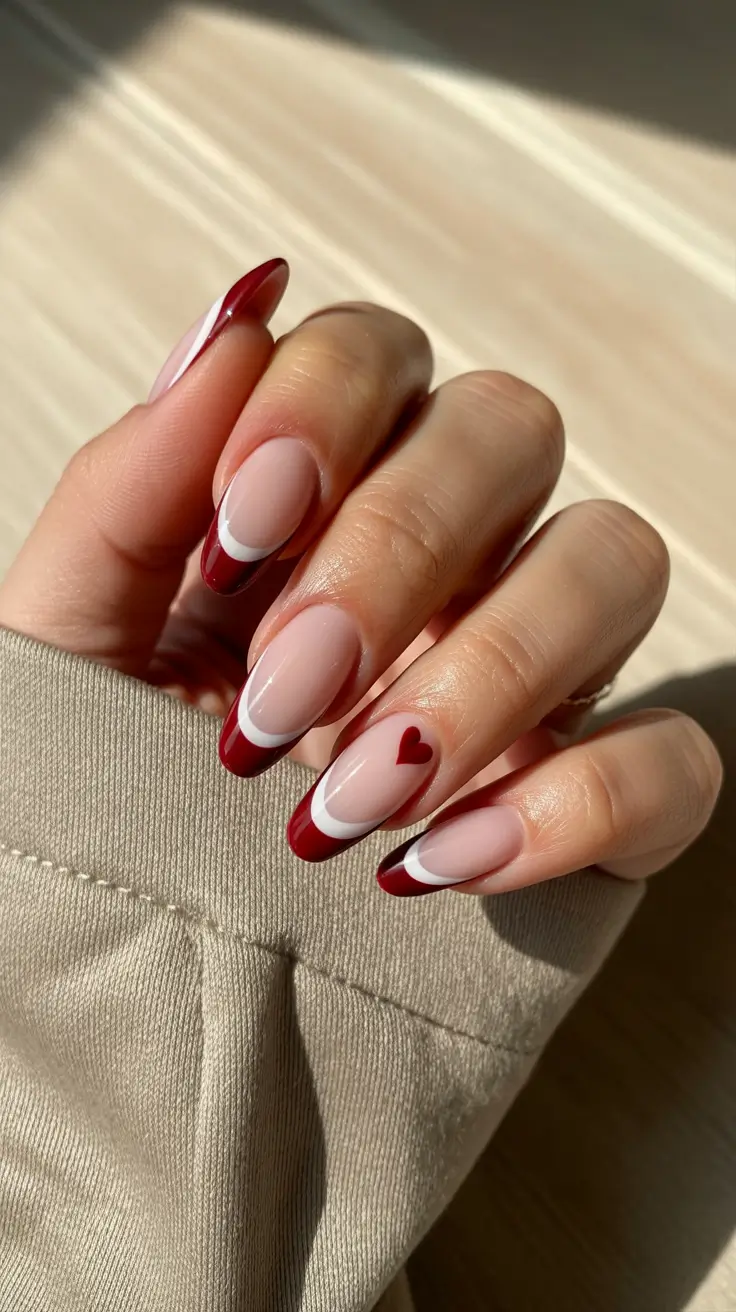 February Nails Designs 2026 Red French Tips With A Single Heart Detail