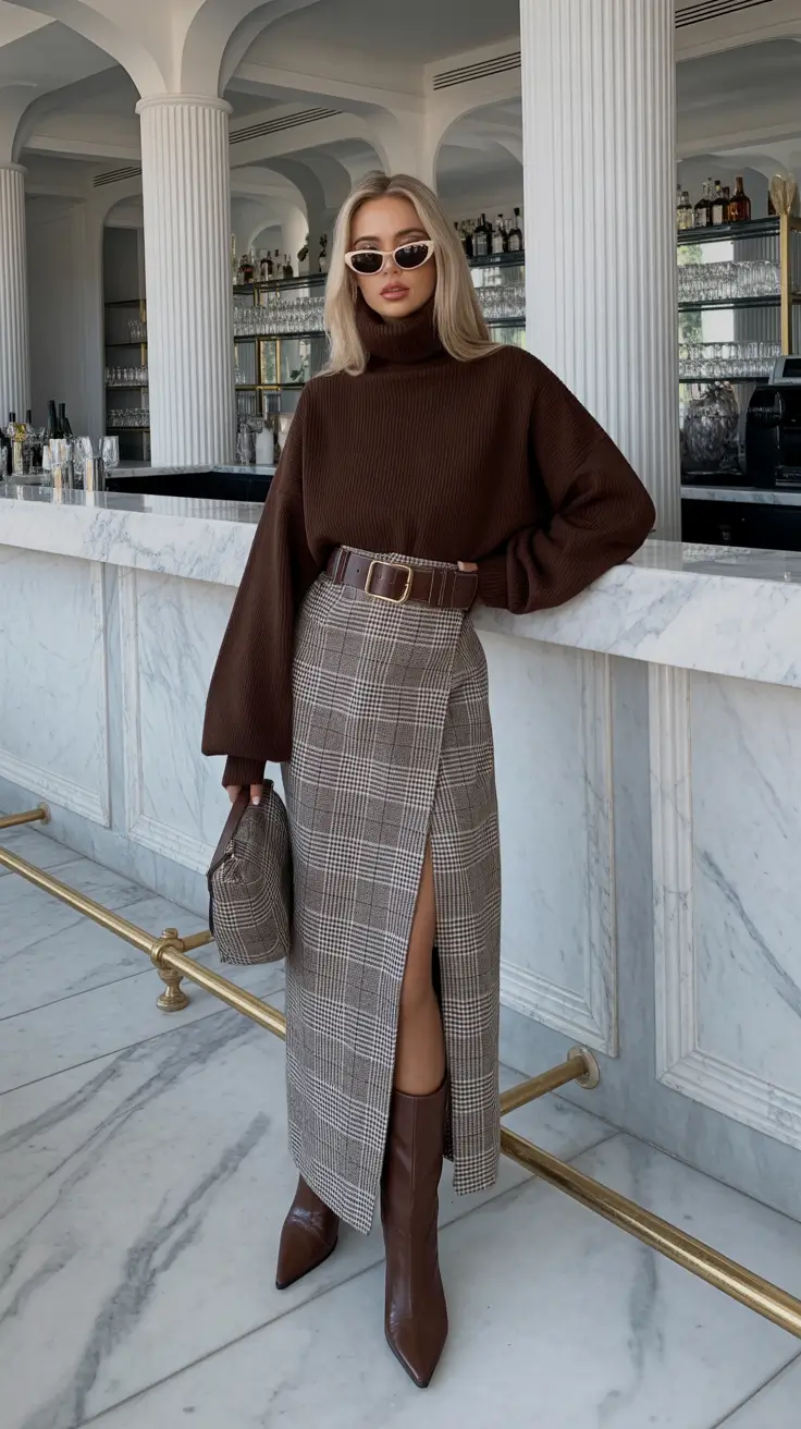 outfits ideas 2026 Brown Sweater and Plaid Skirt for Soft February Elegance