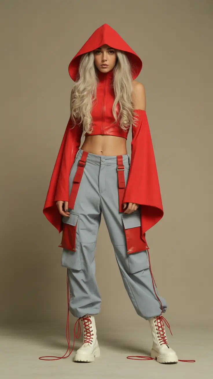 outfits ideas 2026 Red Hooded Crop and Utility Pants for Bold Street Style