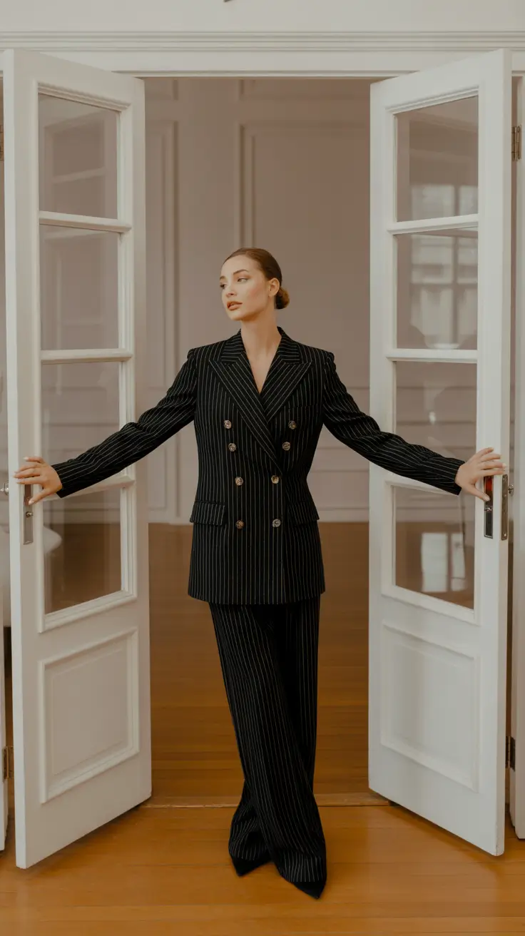 outfits ideas 2026 Pinstripe Black Suit for Elegant Winter Evenings