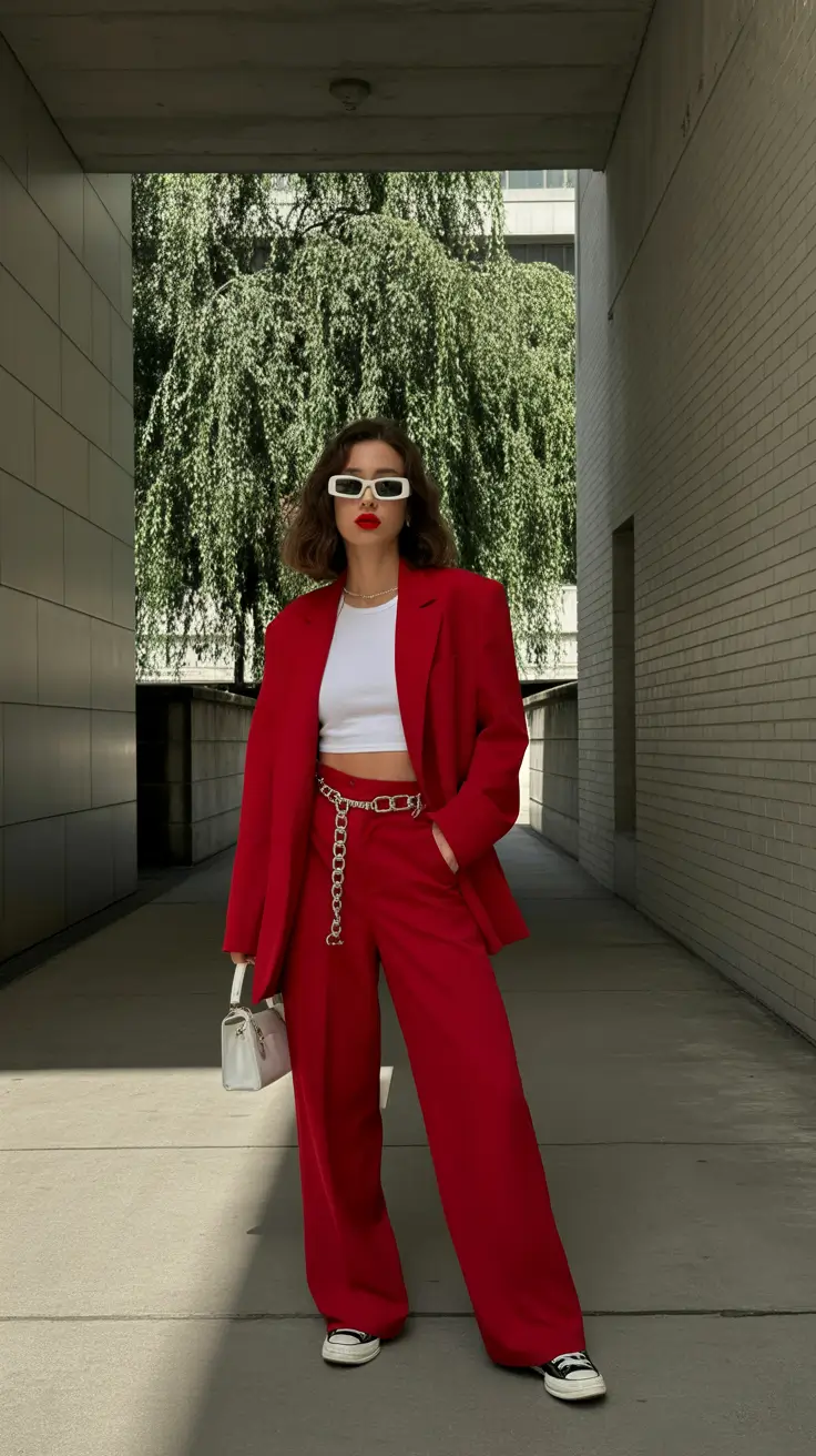 outfits ideas 2026 Modern Red Suiting with a Street Edge