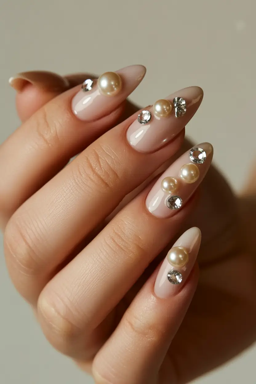 March Nails Color Ideas - Spring Trends 2026 Pearl and Crystal Neutral Nails for a Soft Glam Moment
