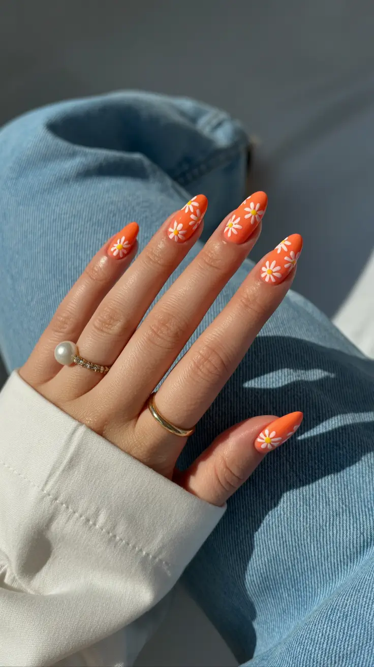 March Nails Color Ideas - Spring Trends 2026 Orange Daisy Nails That Feel Like the First Warm Weekend