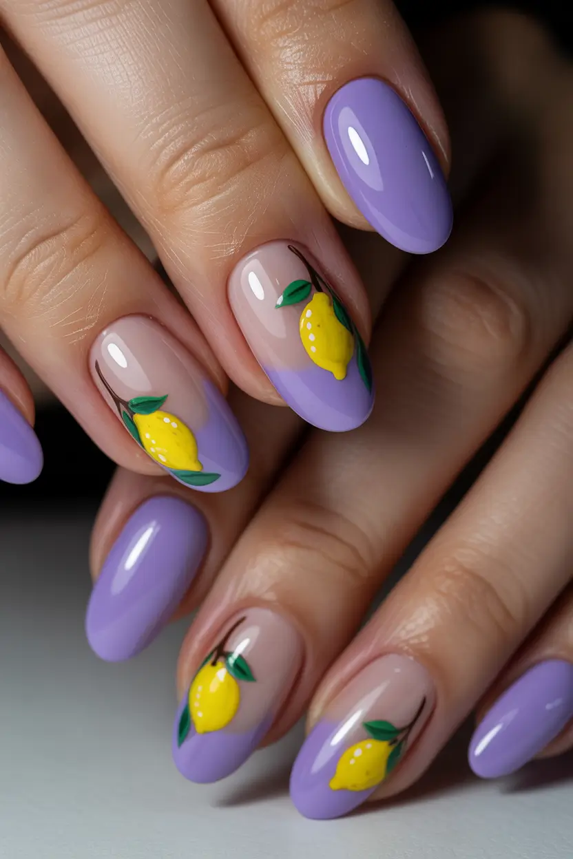 March Nails Color Ideas - Spring Trends 2026 Lavender Nails with Lemon Art for a Sweet Spring Pop