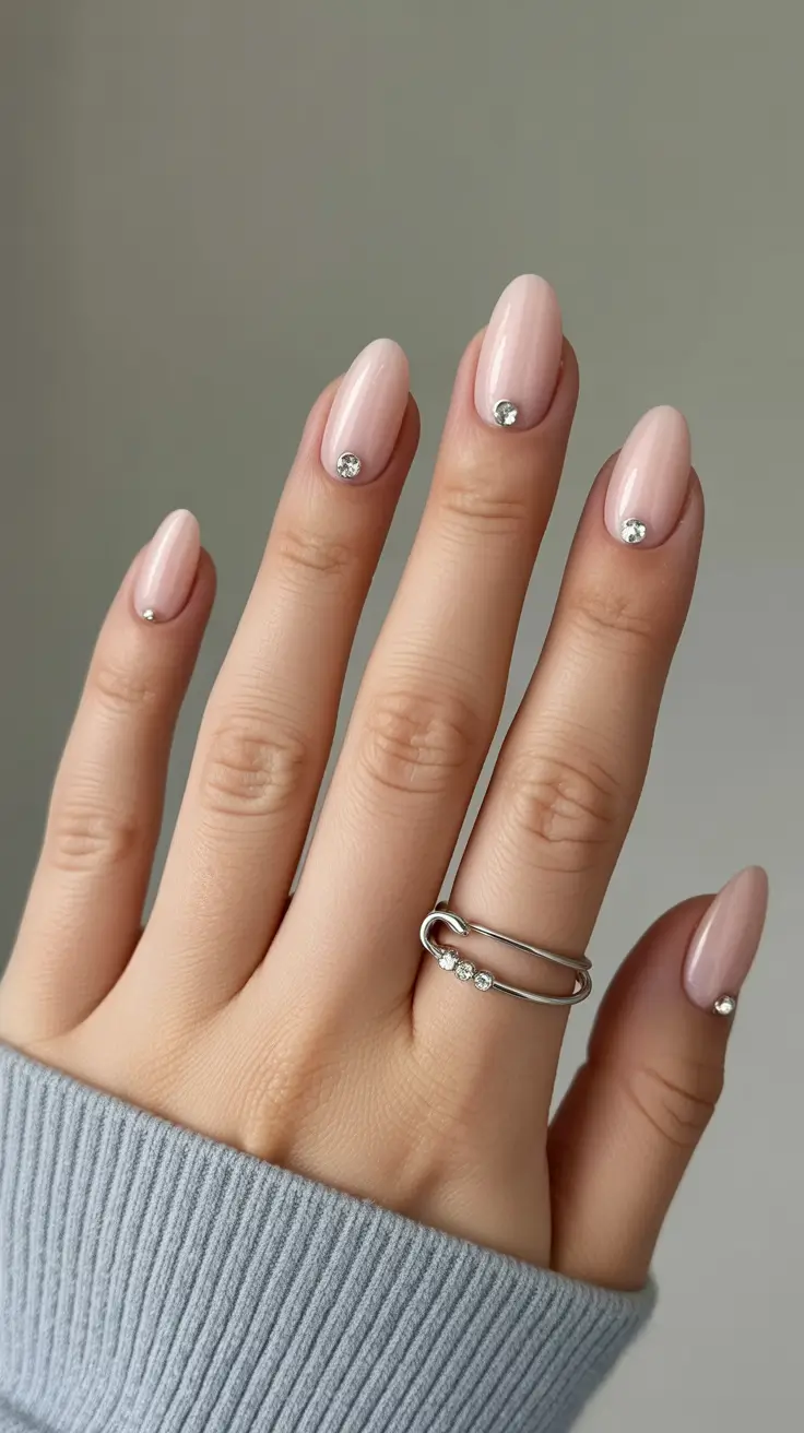 March Nails Color Ideas - Spring Trends 2026 Blush Neutral Nails with Tiny Crystal Accents