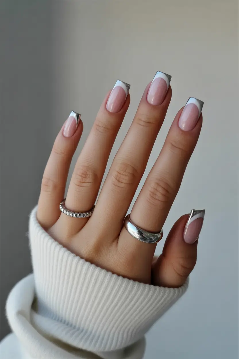 March Nails Color Ideas - Spring Trends 2026 Square French Nails with a Chrome Silver Tip
