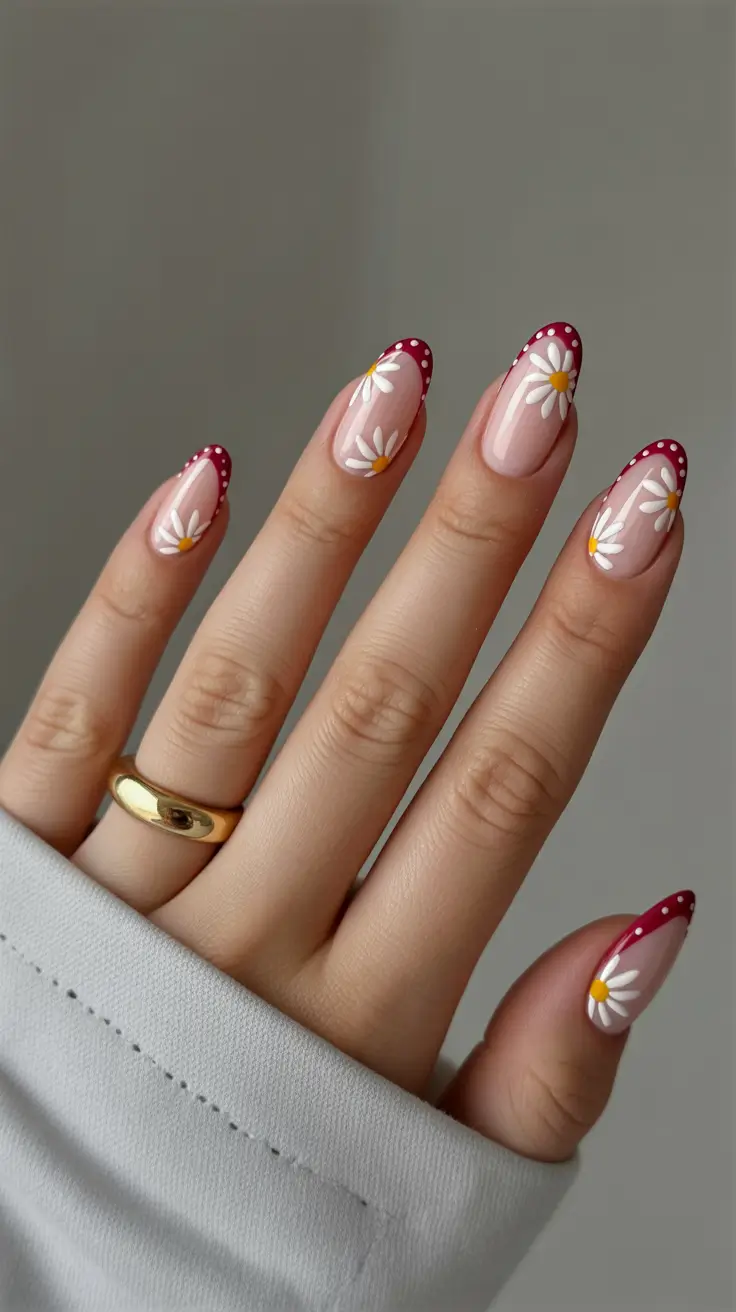 March Nails Color Ideas - Spring Trends 2026 Red French Daisy Nails with a Retro Spring Mood
