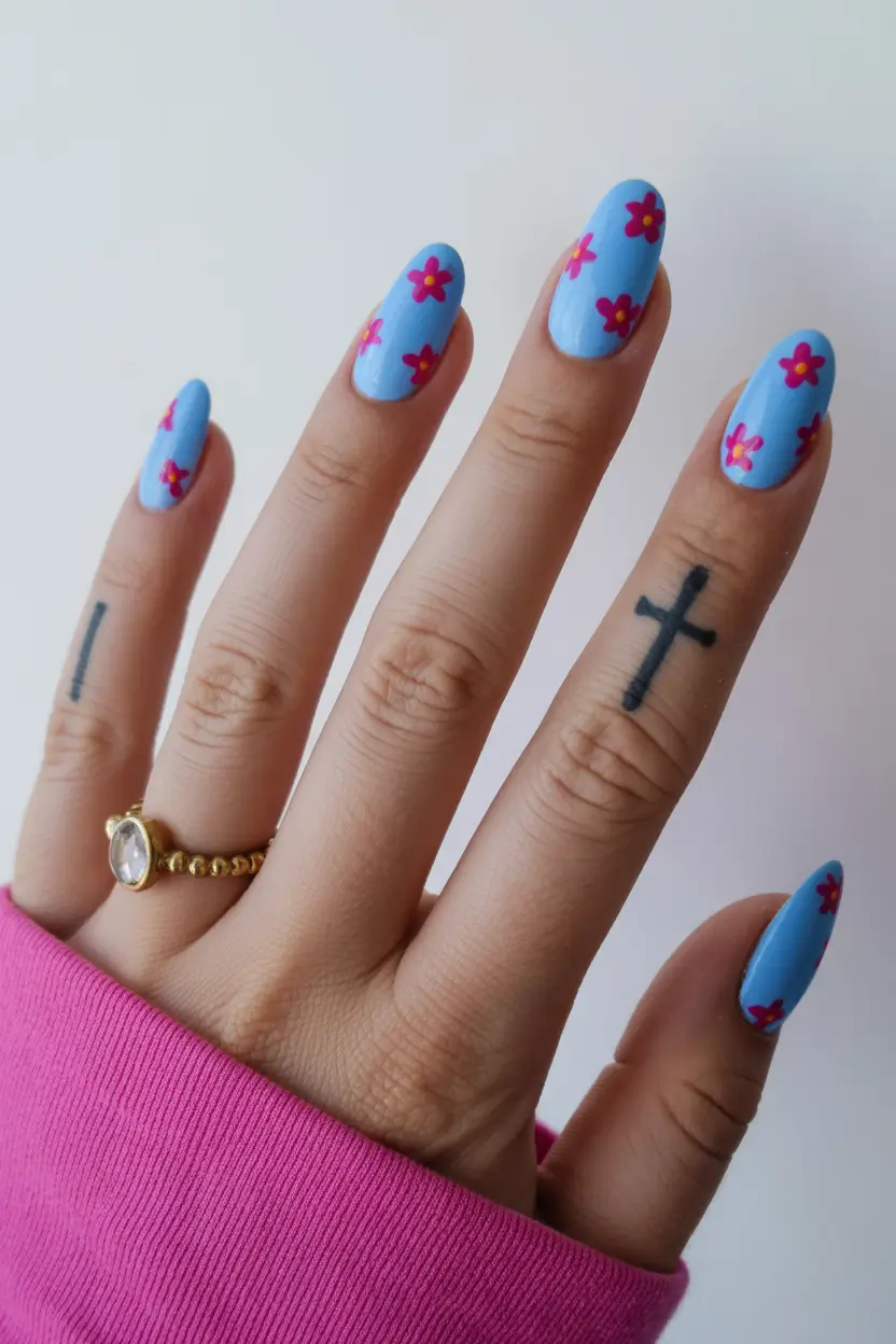 March Nails Color Ideas Spring Trends 2026 Sky Blue Nails With Minimal Floral Accents