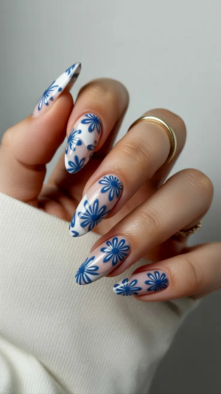 March Nails Color Ideas Spring Trends 2026 Blue and White Graphic Florals