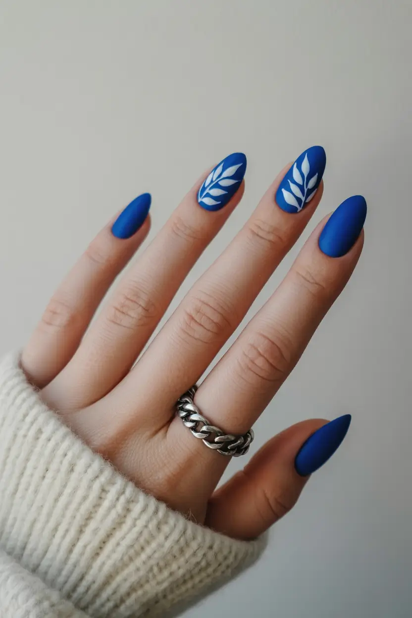 March Nails Color Ideas Spring Trends 2026 Matte Cobalt With Botanical Details