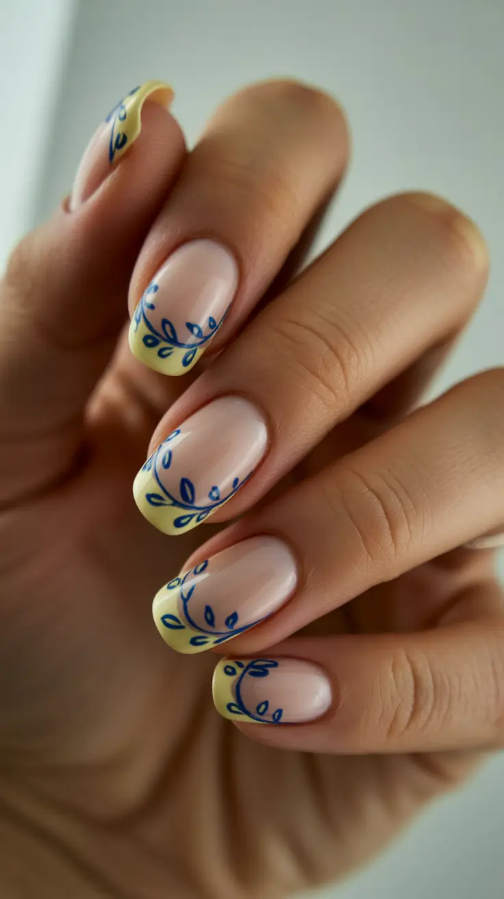 March Nails Color Ideas Spring Trends 2026 Butter Yellow French With Blue Vine Details