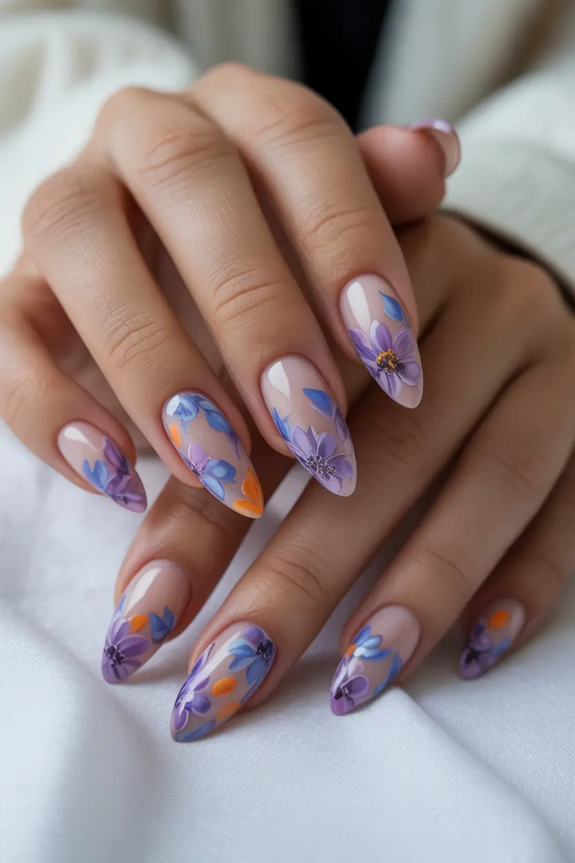 March Nails Color Ideas Spring Trends 2026 Lavender Petal Nails With Soft Orange Pops