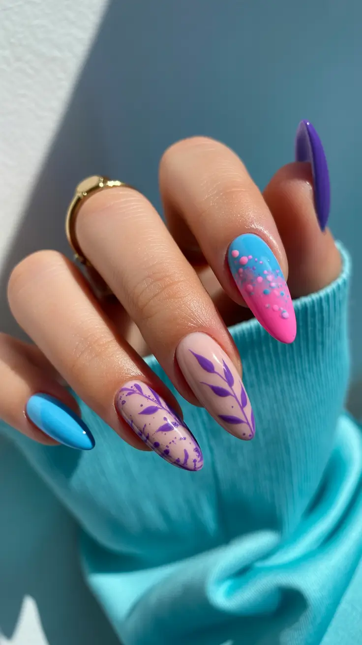 March Nails Color Ideas Spring Trends 2026 Bright Gradient Tips With Graphic Purple Botanicals